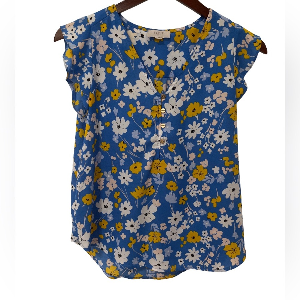 LOFT Outlet Women’s SP Blue Floral V Neck Ruffle Sleeve Blouse Top